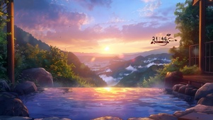 夕阳下的温泉