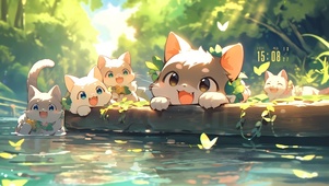 溪边玩耍猫咪	