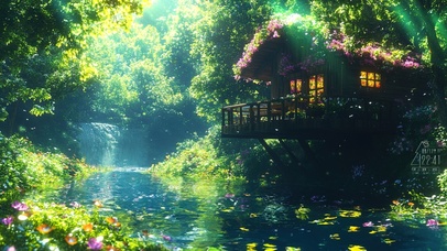 森林溪流木屋阳光