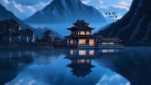 古风阁楼倒影	