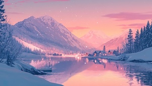 粉色雪山静谧小镇