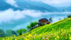 湖畔花开