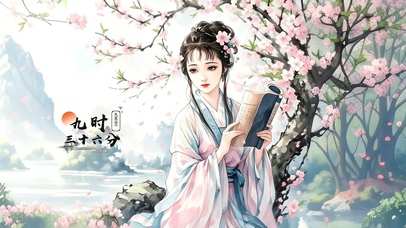 国风水墨-桃林中看书的黛玉