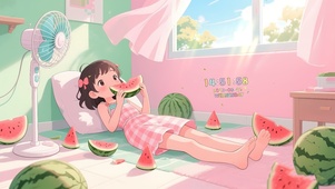 清凉夏日吃瓜女孩
