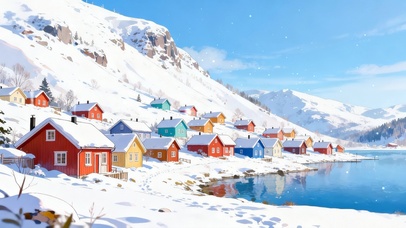 冬日湖边彩色小镇