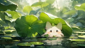 雨中荷塘小猫咪