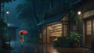 夜晚雨中杂货店