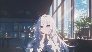 午后窗边白发少女