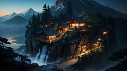 4K唯美治愈古风山寺瀑布夜景