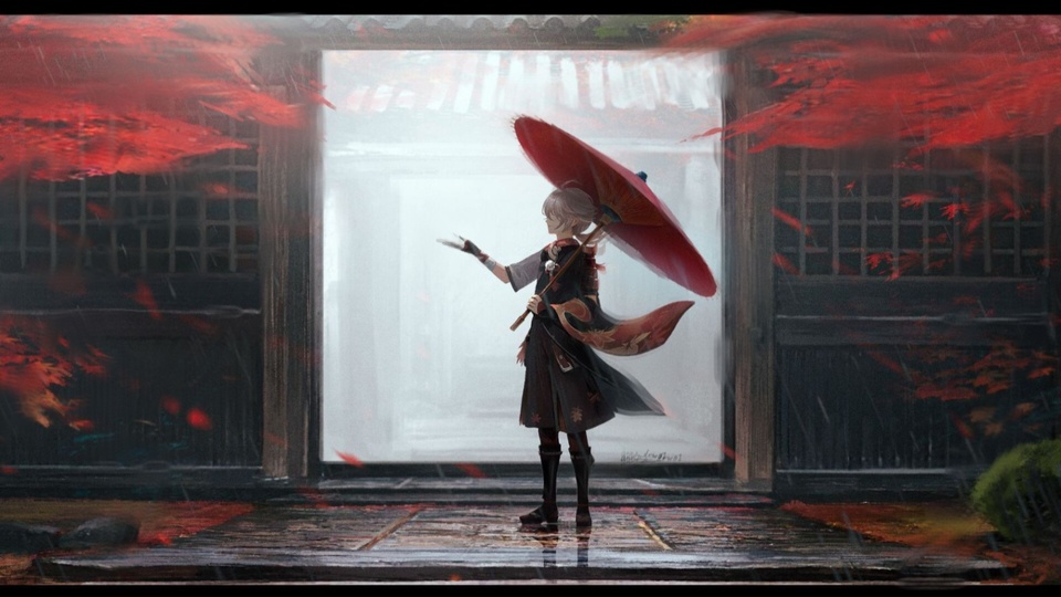 二次元厚涂古风插画，灰发和风少年枫原万叶站在雨中日式古建廊下，手持红色油纸伞，红枫叶在飘雨的暗调庭院里飘落，左侧留足暗调留白区域。
