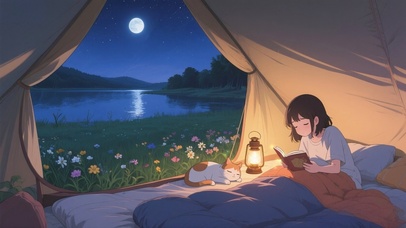 夜晚露营的女孩和猫咪