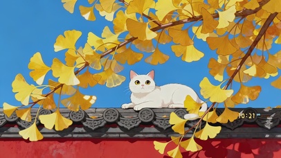 治愈银杏红墙白猫