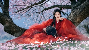 唯美桃花树下红衣美女