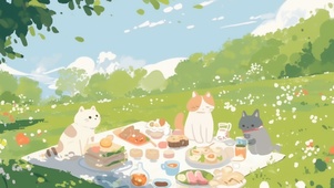 治愈可爱绿色清新护眼小猫咪野餐