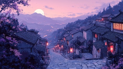 唯美浪漫紫色晚霞古镇