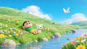 夏日山坡河流小新