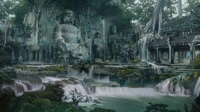 4K唯美治愈古风佛像瀑布