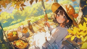 秋天里野炊的可爱少女