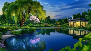 护眼夜晚柳树庭院