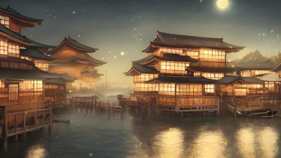 夜晚日式海边渔村