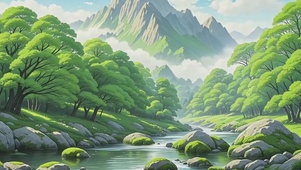 手绘小溪风景