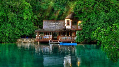 治愈护眼森林湖泊小屋