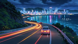 夜晚海景公路