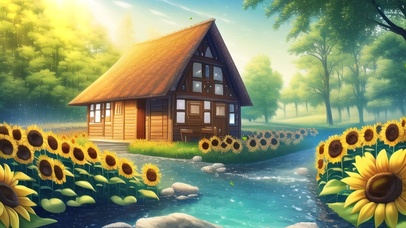 河边向日葵花田小屋