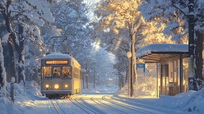 雪日夕阳下的治愈公交