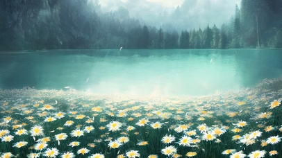 湖边的雏菊花海