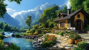 户外树林房屋小溪