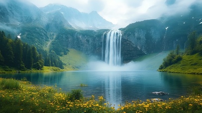 瀑落青潭，雾漫芳野