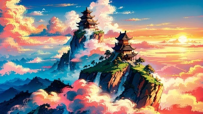 山顶云海古风建筑