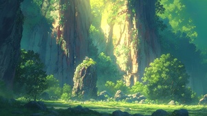 绿色护眼治愈金光巨岩森林