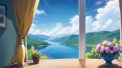 夏日窗外的湖与远山