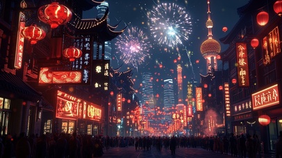 璀璨烟花里的上海新年夜景