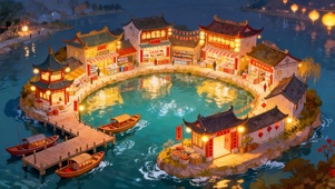 张灯结彩的岛上古镇