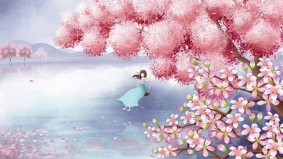 樱花树下荡秋千的少女