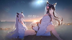 4k 唯美夜晚海边和服少女