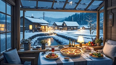 雪中享受晚餐