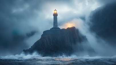 海边晨雾灯塔