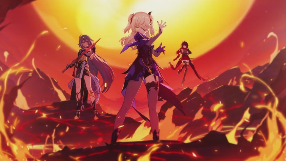 暖橙红调的熔岩焦岩场景，三名身着战斗装束的女战士分布在前景与后方，周身环绕跃动火光。