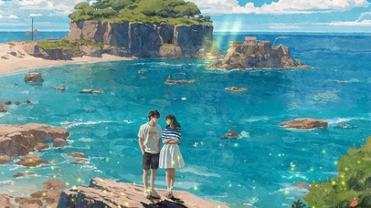 4k夏天 海边 情侣 蓝色大海