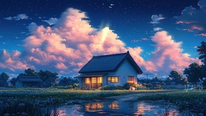 傍晚夕阳小屋