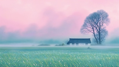 草原晨雾中的树影人家