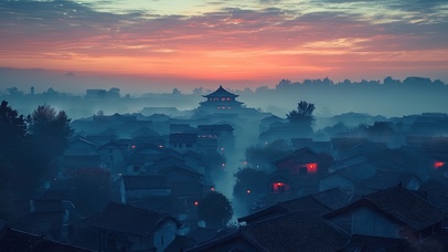 俯瞰朦胧古城晚霞落日