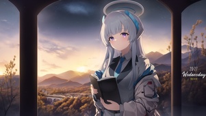 夕阳看书少女