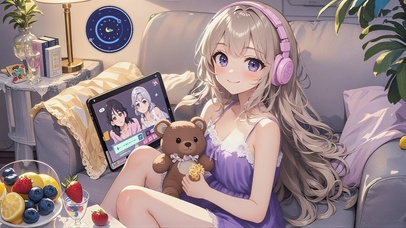 沙发听音乐的治愈系耳机少女