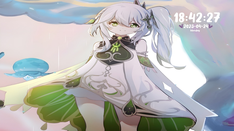 二次元原神角色纳西妲身处朦胧雨空中，搭配水彩风淡色朦胧天际，身旁伴有小型淡蓝色漂浮水精灵。