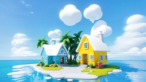 海中小屋和可爱奶油云